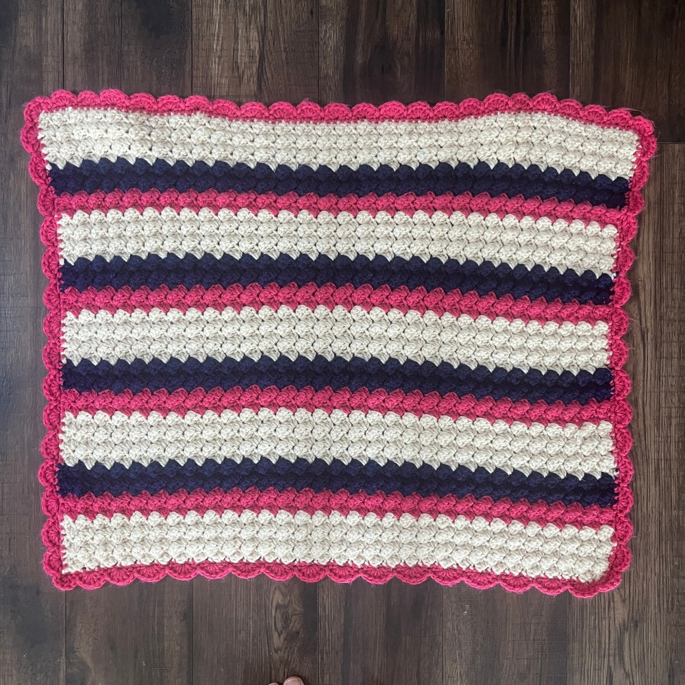 Handmade Crochet Baby Blanket Pink Navy Cream Striped Scalloped Edge 28x24